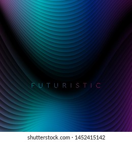 Dark blue and purple refracted neon waves. Futuristic vector graphic design with curved lines. Technology wavy background