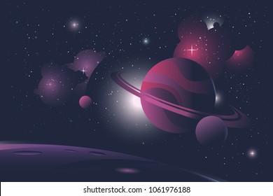 Dark Blue and purple space background with gas giant planet with rings in front. Planet moves quietly in space with his moons around it with stars and nebulas in the background