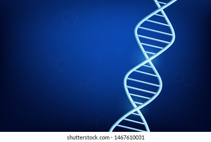 Dark blue realistic glowing background with dna molecular structure. Chemical and medical science for the health of genes and dna, 3d vector illustration background.