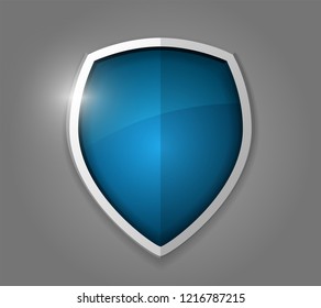 Dark blue realistic shining shield icon. Defense, safety, privacy, security, safeguard or antivirus concept. Vector illustration