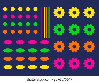 Dark blue rectangle with carnival elements. Flowers, circles, leaves and stripes. Vibrant colors: yellow, green, orange, pink. Inspired by Brazilian carnival. Decorative elements. Colorful
