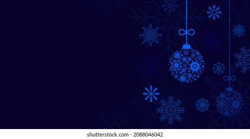 Dark blue rectangular horizontal background with snowflakes and Christmas balls, bright and transparent. Vector illustration, flat minimal cartoon monochrome design, eps 10.