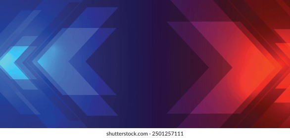 Dunkelblauer und roter abstrakter Hintergrund mit leuchtenden Pfeillinien. Modernes geometrisches Liniendesign. Technologie futuristisches Konzept. Vorlage für horizontale Banner.