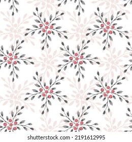 Dark Blue with red Flower bud with leaves seamless vector pattern. Plant with flowers in coral and heart shaped leaves over off white background. 