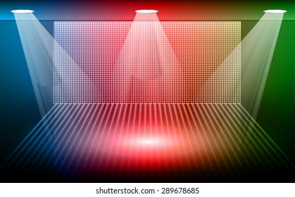 Dark blue red green Abstract light lamps background for Technology computer graphic website internet and business.Screen on stage.Vector illustration.Spot Effect. neon. point,platform,Spotlights.arena