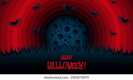 Dark blue and red Halloween design with bats and the moon in the background, vector illustration.