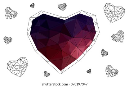 Dark blue, red heart isolated on white background. Geometric rumpled triangular low poly origami style gradient graphic illustration. Vector polygonal design for your business.
