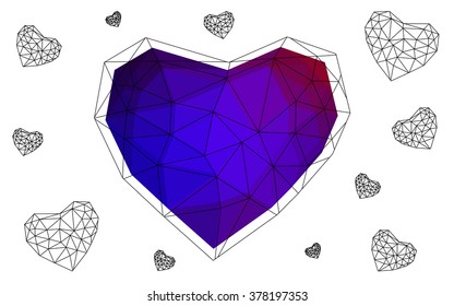 Dark blue, red heart isolated on white background. Geometric rumpled triangular low poly origami style gradient graphic illustration. Vector polygonal design for your business.