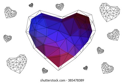 Dark blue, red heart isolated on white background. Geometric rumpled triangular low poly origami style gradient graphic illustration. Vector polygonal design for your business.
