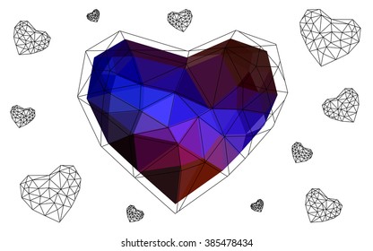 Dark blue, red heart isolated on white background. Geometric rumpled triangular low poly origami style gradient graphic illustration. Vector polygonal design for your business.