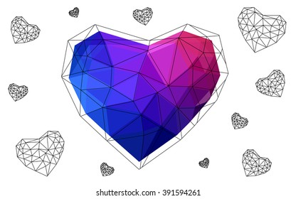 Dark blue, red heart isolated on white background. Geometric rumpled triangular low poly origami style gradient graphic illustration. Vector polygonal design for your business.
