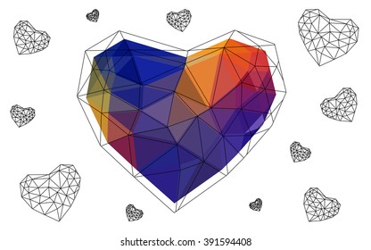 Dark blue, red heart isolated on white background. Geometric rumpled triangular low poly origami style gradient graphic illustration. Vector polygonal design for your business.