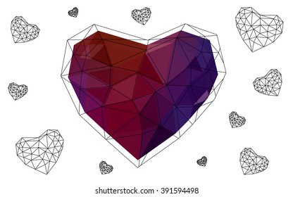 Dark blue, red heart isolated on white background. Geometric rumpled triangular low poly origami style gradient graphic illustration. Vector polygonal design for your business.