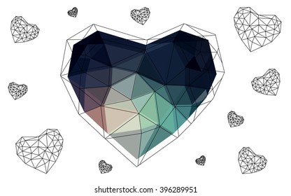 Dark blue, red heart isolated on white background. Geometric rumpled triangular low poly origami style gradient graphic illustration. Vector polygonal design for your business.