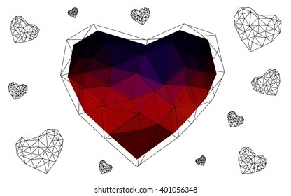 Dark blue, red heart isolated on white background. Geometric rumpled triangular low poly origami style gradient graphic illustration. Vector polygonal design for your business.