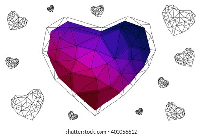 Dark blue, red heart isolated on white background. Geometric rumpled triangular low poly origami style gradient graphic illustration. Vector polygonal design for your business.
