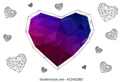 Dark blue, red heart isolated on white background. Geometric rumpled triangular low poly origami style gradient graphic illustration. Vector polygonal design for your business.