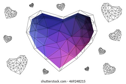 Dark blue, red heart isolated on white background. Geometric rumpled triangular low poly origami style gradient graphic illustration. Vector polygonal design for your business.