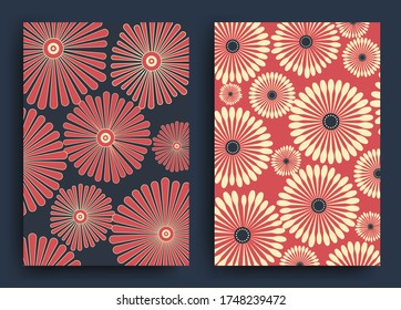 Dark blue and red Japanese and Chinese patterns with stylized flowers for the design of postcards, posters, envelopes, walls, paper. Vector illustration