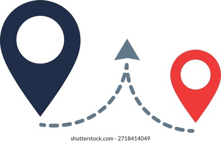 Pinos de mapa azul escuro e vermelho conectados por linha cinza tracejada e navegação de localização de seta