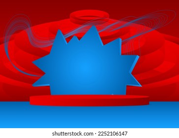 Dark Blue and Red Mockup product display. Vector 3D room, cylinder pedestal podium. Stage showcase for presentation. Futuristic Sci-fi minimal geometric forms, empty scene.