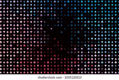Dark Blue, Red vector background with cards signs. Illustration with set of hearts, spades, clubs, diamonds. Template for business cards of casinos.