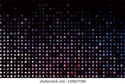 Dark Blue, Red vector background with cards signs. Colorful gradient with signs of hearts, spades, clubs, diamonds. Template for business cards of casinos.