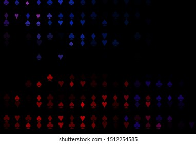 Dark Blue, Red vector background with cards signs. Colored illustration with hearts, spades, clubs, diamonds. Design for ad, poster, banner of gambling websites.