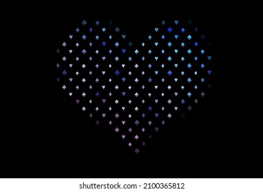 Dark blue, red vector background with cards signs. Colorful gradient with signs of hearts, spades, clubs, diamonds. Design for ad, poster, banner of gambling websites.