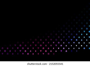 Dark blue, red vector background with cards signs. Colorful gradient with signs of hearts, spades, clubs, diamonds. Pattern for ads of parties, events in Vegas.