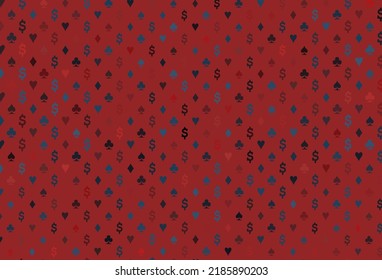 Dark blue, red vector background with cards signs. Illustration with set of hearts, spades, clubs, diamonds. Smart design for your business advert of casinos.