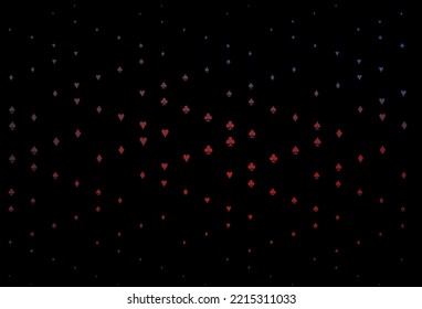 Dark Blue, Red vector background with cards signs. Blurred decorative design of hearts, spades, clubs, diamonds. Pattern for leaflets of poker games, events.