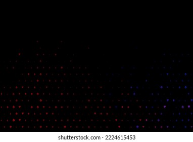 Dark blue, red vector background with cards signs. Shining illustration with hearts, spades, clubs, diamonds. Smart design for your business advert of casinos.