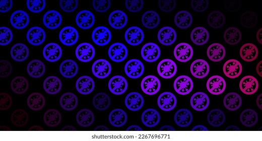 Azul oscuro, fondo vectorial rojo con símbolos covid-19. Símbolos de enfermedades degradadas coloridas en un estilo simple y abstracto. Diseño simple contra la información epidémica.