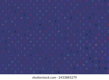 Dark blue, red vector background with cards signs. Colored illustration with hearts, spades, clubs, diamonds. Pattern for booklets, leaflets of gambling houses.