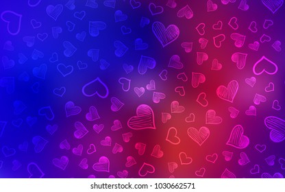 Dark Blue, Red vector cover with Shining hearts. Blurred decorative design in doodle style with hearts. Beautiful design for your business advert of anniversary.