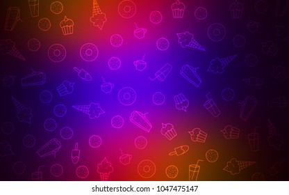 Dark Blue, Red vector cover with set of confections. Confections on blurred abstract background with colorful gradient. Pattern for ad, booklets, leaflets of restaurants.