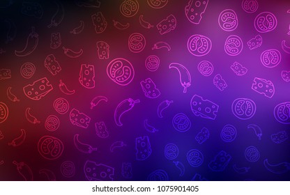 Dark Blue, Red vector cover with cuisine gourmet. Fast Food on blurred abstract background with colorful gradient. Pattern for menu of cafes, bars, restaurants.