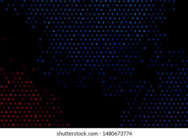 Dark Blue, Red vector cover with symbols of gamble. Shining illustration with hearts, spades, clubs, diamonds. Template for business cards of casinos.