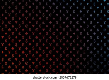 Tapa vectorial roja azul oscuro con símbolos de juego. Ilustración con un conjunto de corazones, espadas, palos, diamantes. Plantilla para tarjetas de visita de casinos.