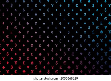 Tapa vectorial roja azul oscuro con símbolos de juego. Ilustración de color con corazones, espadas, palos, diamantes. Patrón para anuncios de fiestas, eventos en Las Vegas.