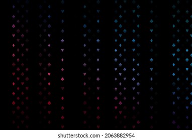 Dunkelblau, rote Vektorgrafik mit Symbolen für das Spiel. Farbiges Farbverlauf mit Zeichen von Herzen, Pik, Clubs, Diamanten. Muster für Prospekte von Pokerspielen, Events.
