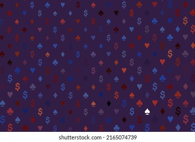 Tapa vectorial roja azul oscuro con símbolos de juego. Ilustración con un conjunto de corazones, espadas, palos, diamantes. Patrón para anuncios de fiestas, eventos en Las Vegas.