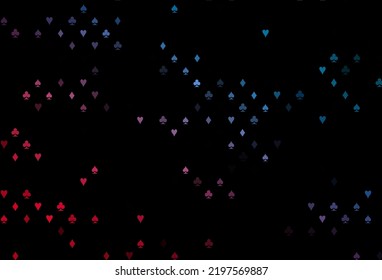 Dark blue, red vector cover with symbols of gamble. Glitter abstract sketch with isolated symbols of playing cards. Design for ad, poster, banner of gambling websites.