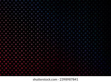 Dark blue, red vector cover with symbols of gamble. Shining illustration with hearts, spades, clubs, diamonds. Design for ad, poster, banner of gambling websites.