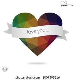 Dark Blue, Red vector greeting Card Happy Valentine's Day. Lettering with hearts on the white polygonal background. Colored triangular illustration for your business.