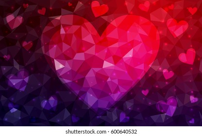 Dark Blue, Red vector greeting Card Happy Valentine's Day. Lettering with hearts on the white polygonal background. Colored triangular illustration for your business.
