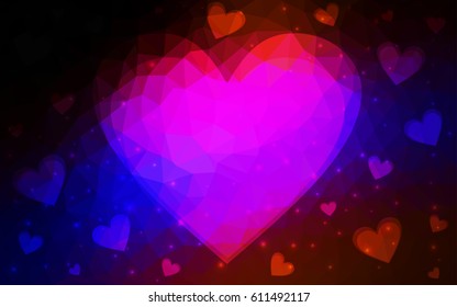 Dark Blue, Red vector greeting Card Happy Valentine's Day. Lettering with hearts on the white polygonal background. Colored triangular illustration for your business.