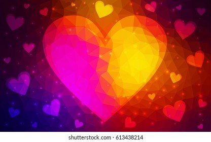 Dark Blue, Red vector greeting Card Happy Valentine's Day. Lettering with hearts on the white polygonal background. Colored triangular illustration for your business.