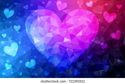 Dunkelblau, rote Vektorillustration Grußkarte Glückwunsch Valentinstag. Mit Herzen auf weißem, mehrfarbigem Hintergrund. Farbige dreieckige Illustration für Ihr Unternehmen.